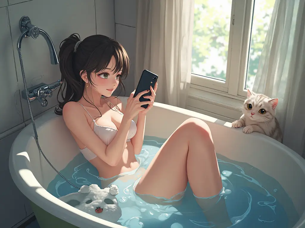AI generated anime style illustration of beautiful woman in bathtub - Japanese animation art style by AI Image Agent